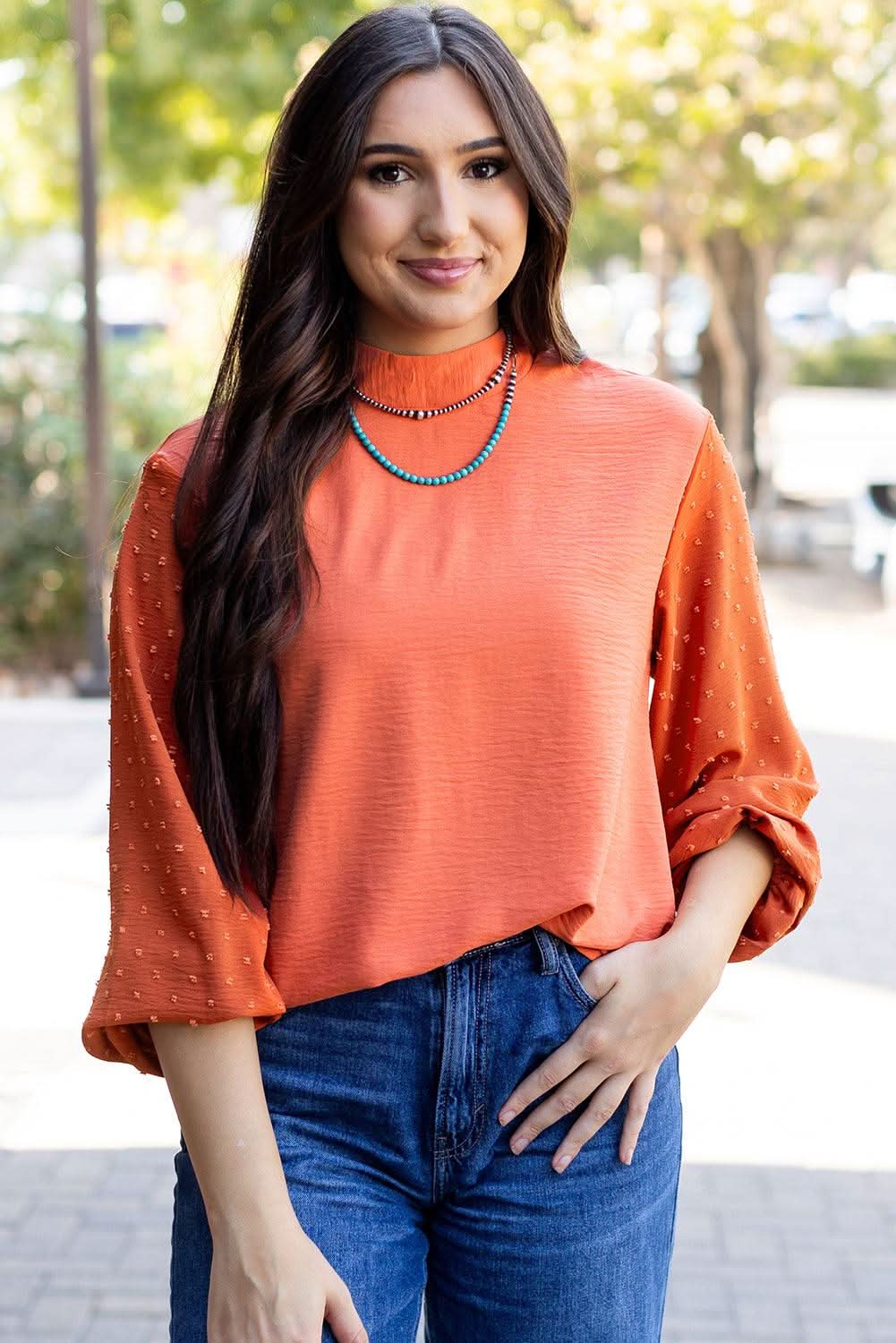 Russet Orange Swiss Dot Balloon Sleeve Loose Blouse - Love Salve
